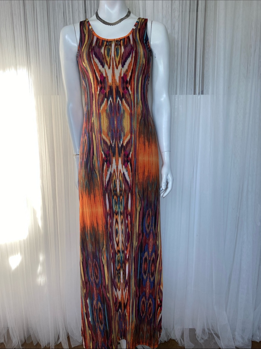 Sleeveless Multicolor Ikat-Print Maxi Dress - Orange by Lucas & Emma Stretchy S